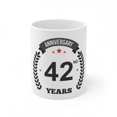 White ceramic 42nd anniversary printed coffee mug, 330ml capacity
